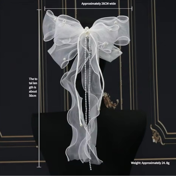 Oversized White Mesh Bow With Pearls Hair Clip main image 4